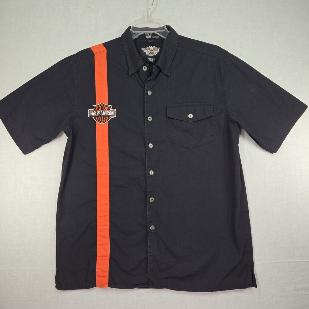 Harley-Davidson Mens Large Shirt Black Orange Button Up Short Sleeve Motorcycle